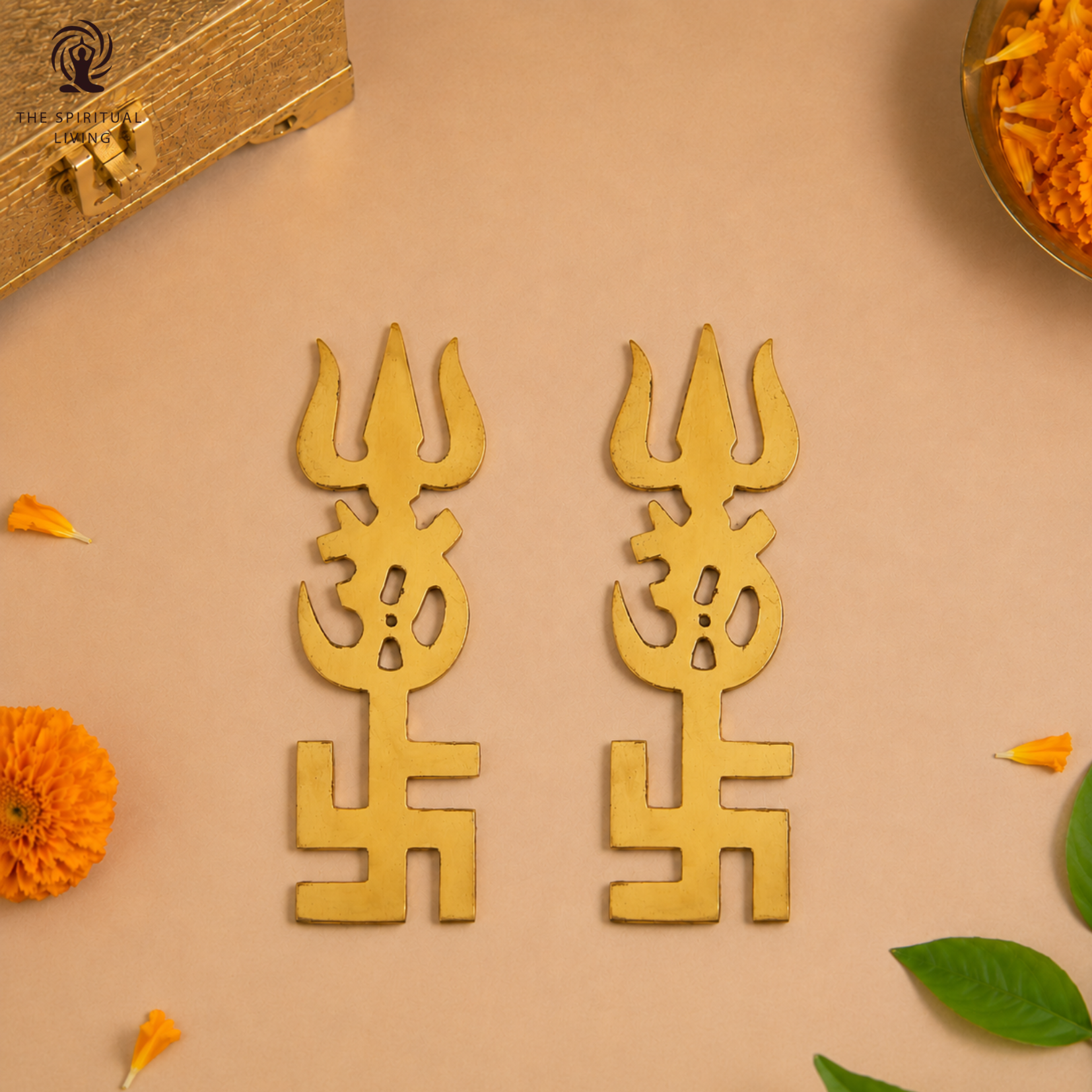 Brass Om Swastik Trishul for Main Door - 5 Inch - 2 Pcs Set