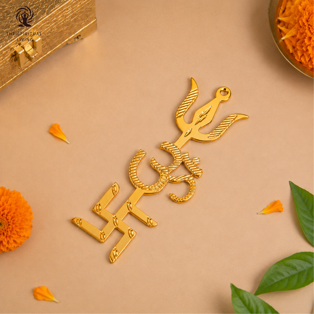 Swastik Om Trishul Trishakti Yantra (Brass) 5 inch