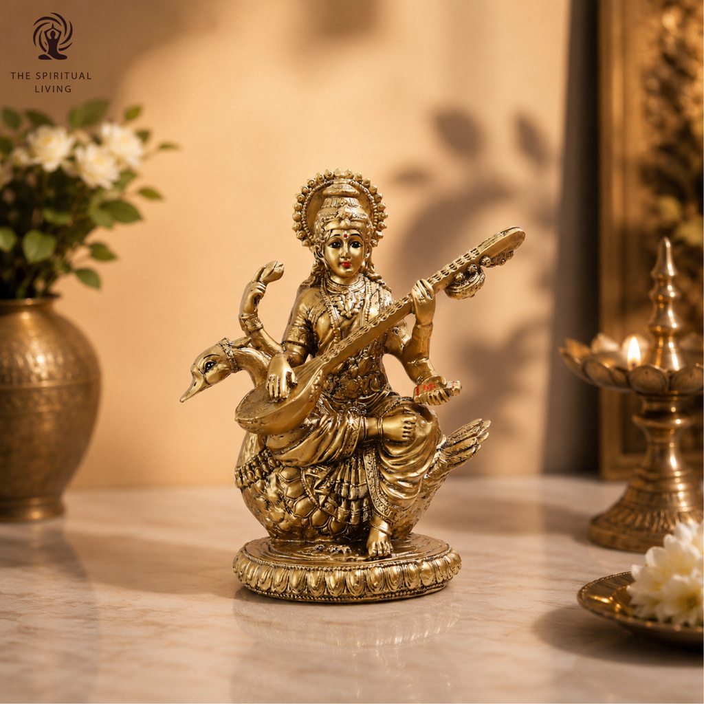 Saraswati Maa Idol | 8 Inch | Statue | Murti | Gold Resin Idol | Vasant Panchami | Sitting On Swan | Big |