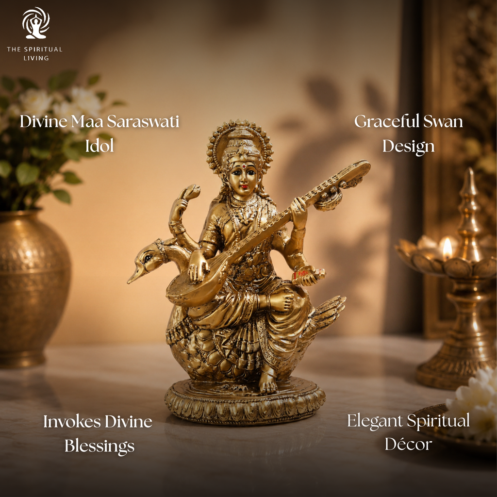 Saraswati Maa Idol | 8 Inch | Statue | Murti | Gold Resin Idol | Vasant Panchami | Sitting On Swan | Big |
