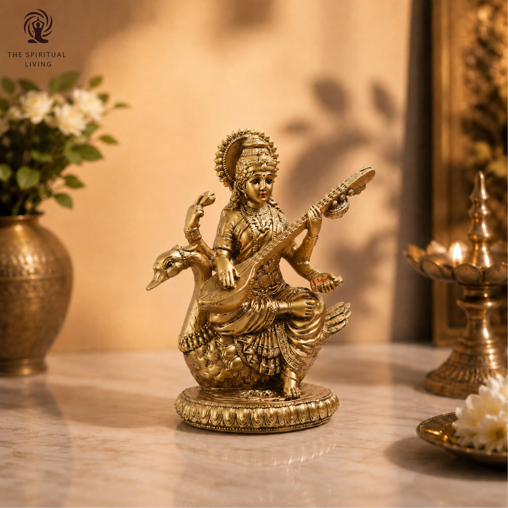 Saraswati Maa Idol | 8 Inch | Statue | Murti | Gold Resin Idol | Vasant Panchami | Sitting On Swan | Big |