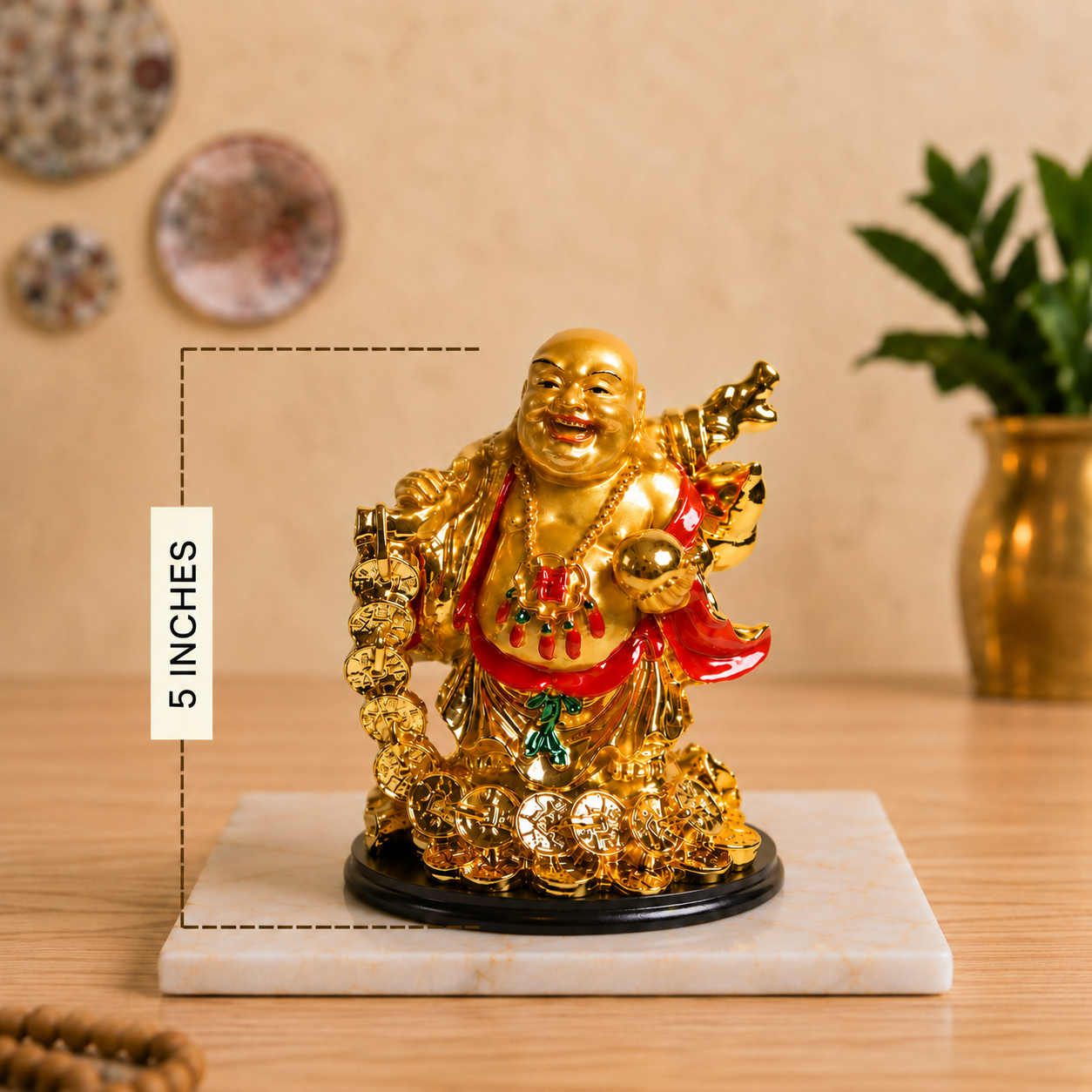 Laughing Buddha with Coin Chain and Wealth Pot in Hand - 5 Inch