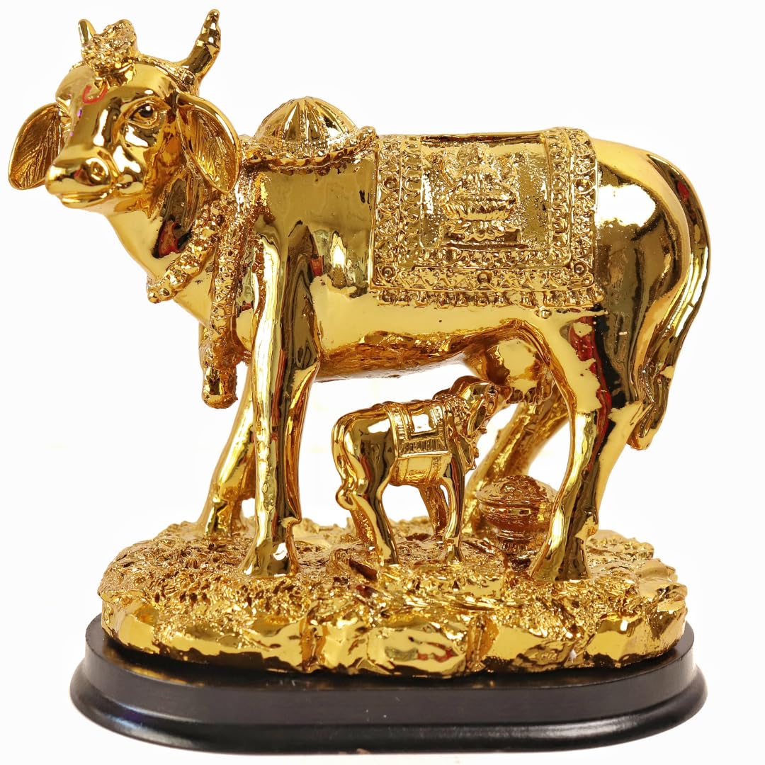 Gold Plated Kamdhenu Cow with Calf - 6 INCH