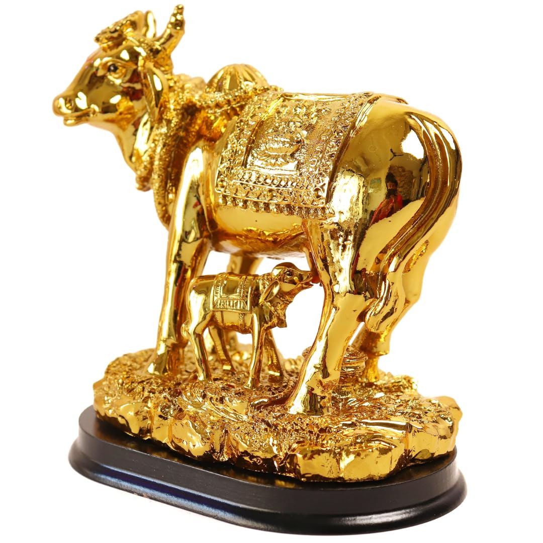 Gold Plated Kamdhenu Cow with Calf - 6 INCH