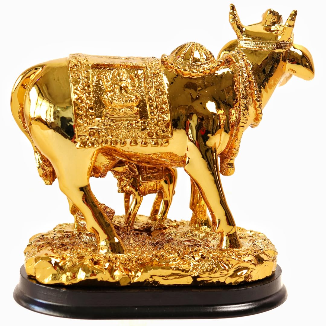 Gold Plated Kamdhenu Cow with Calf - 6 INCH