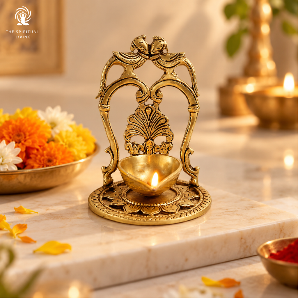 Brass 2 Peacock on The Side Over Carving Table Diya with Base | 3.5 Inch | Pooja | Diwali | Brass Diya |