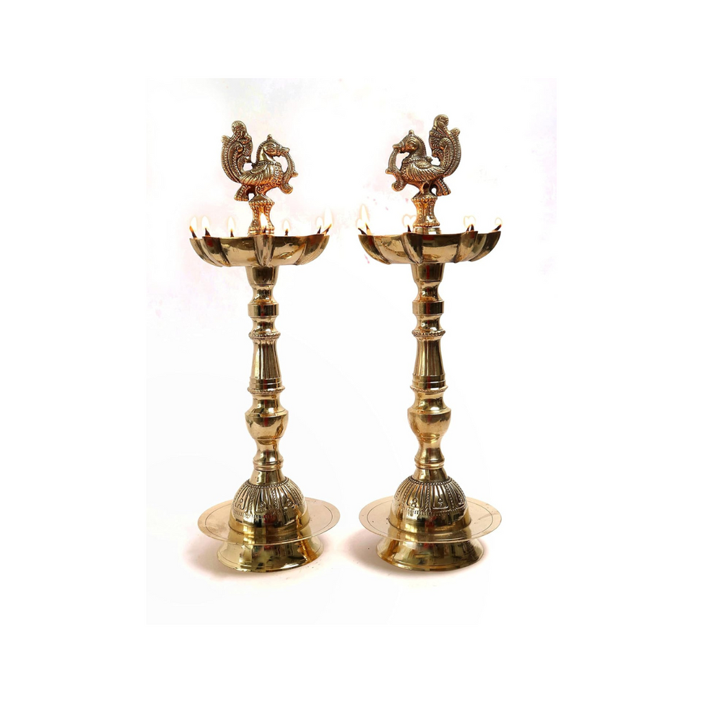 Brass Peacock Oil Wick Diya - 13 Inch - Pack of 2