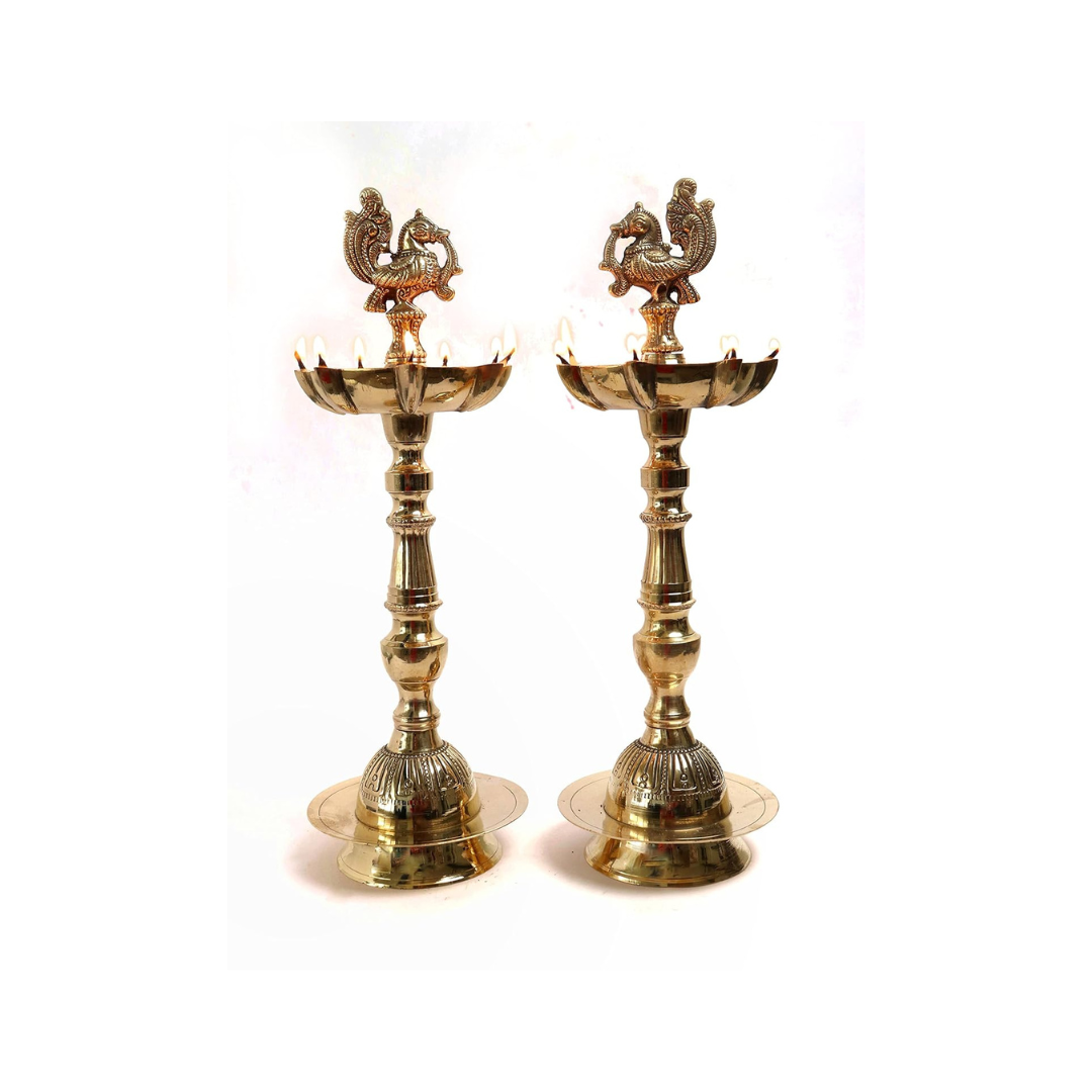 Brass Peacock Oil Wick Diya - 13 Inch - Pack of 2