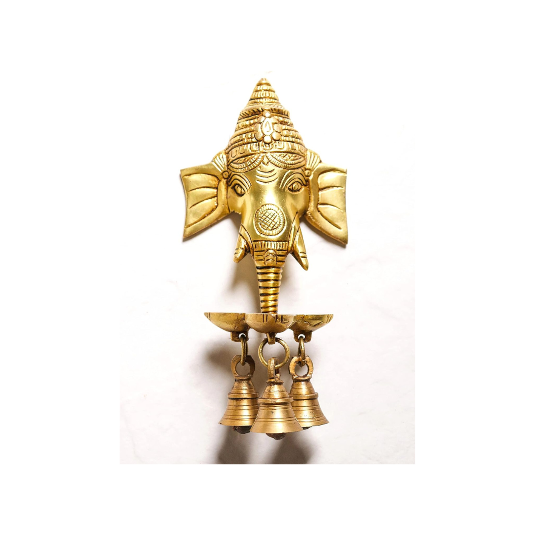 Brass Ganpati Style Three Oil Wick Diya with Bells - 9 Inch