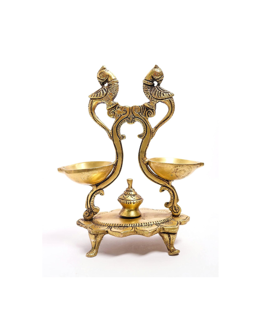 Brass Twin Peacock Oil Wick Diya - 7 Inch
