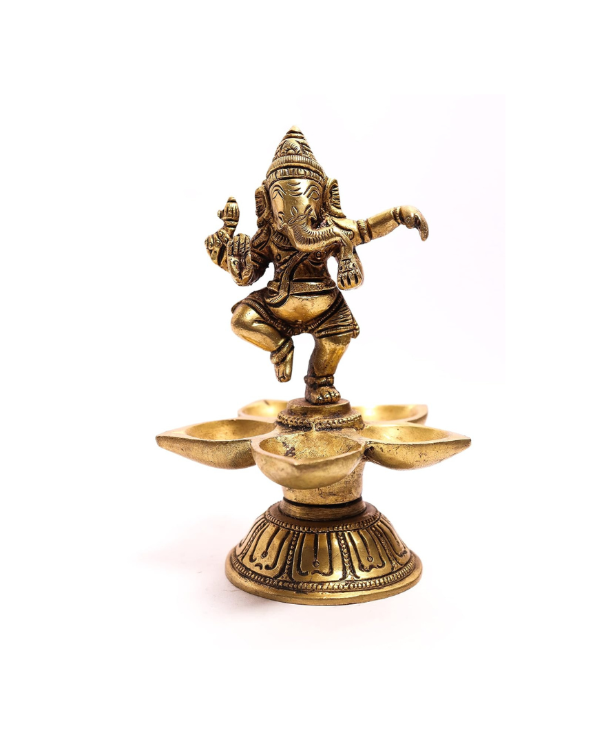 Brass Dancing Ganpati Style Five Oil Wick Brass Diya