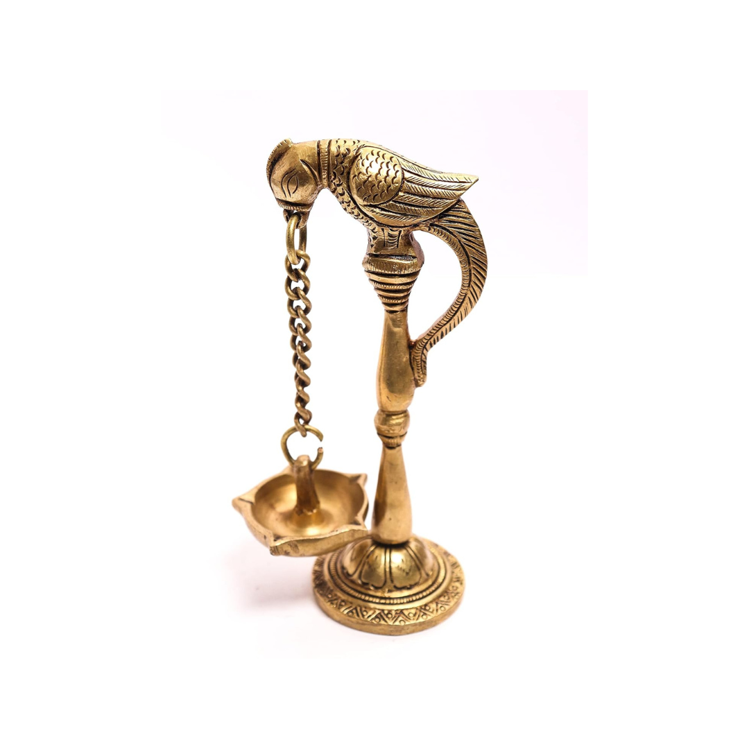 Ethnic Parrot with Carved Legs Five Oil Wick Brass Diya
