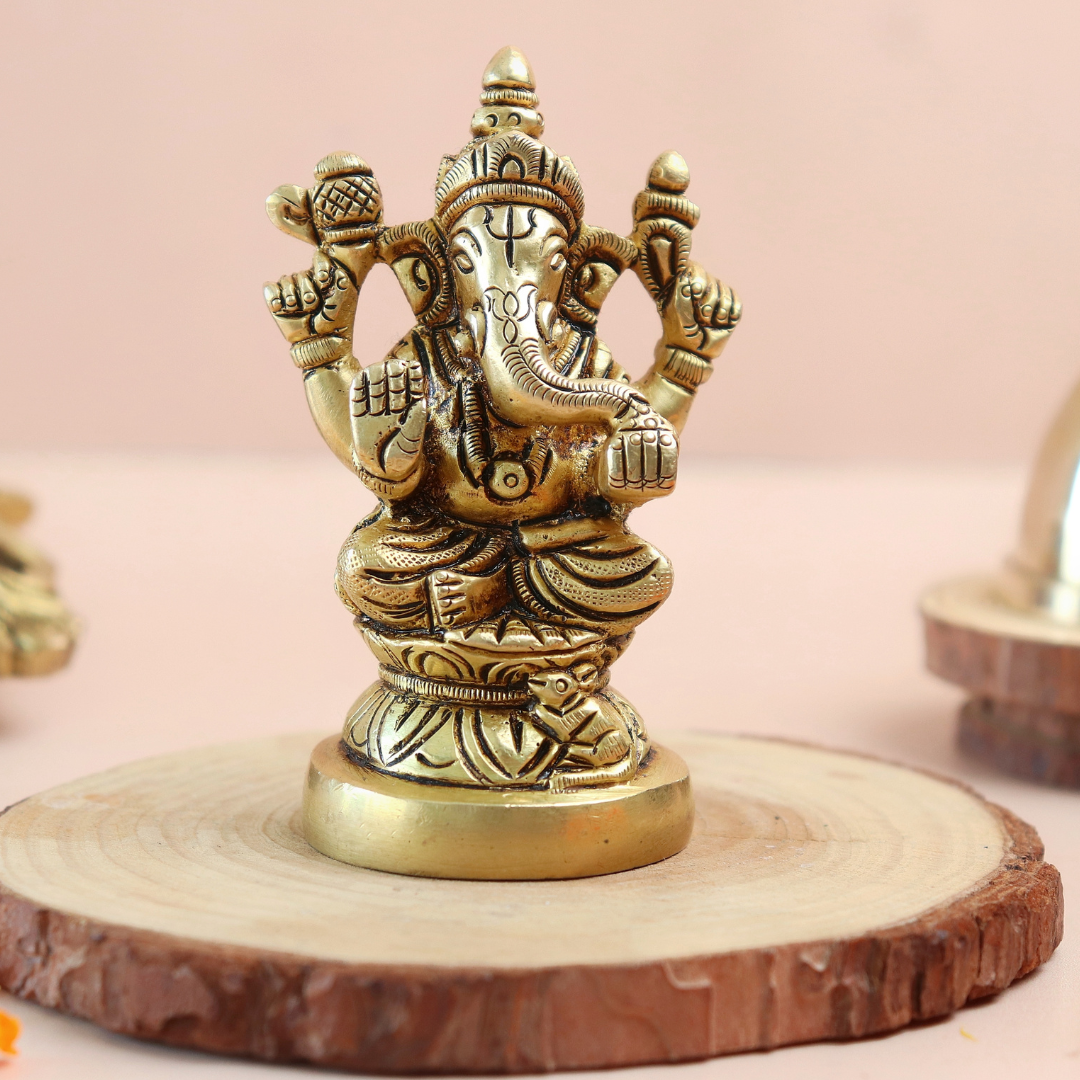 Brass Lord Ganesh & Lakshmi Ji Idol - 3 Inches