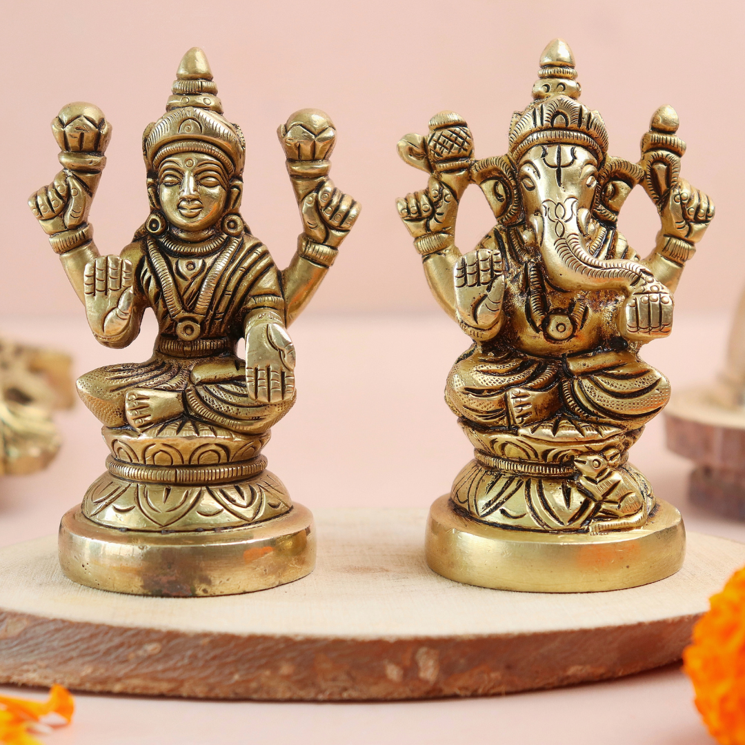 Brass Lord Ganesh & Lakshmi Ji Idol - 3 Inches