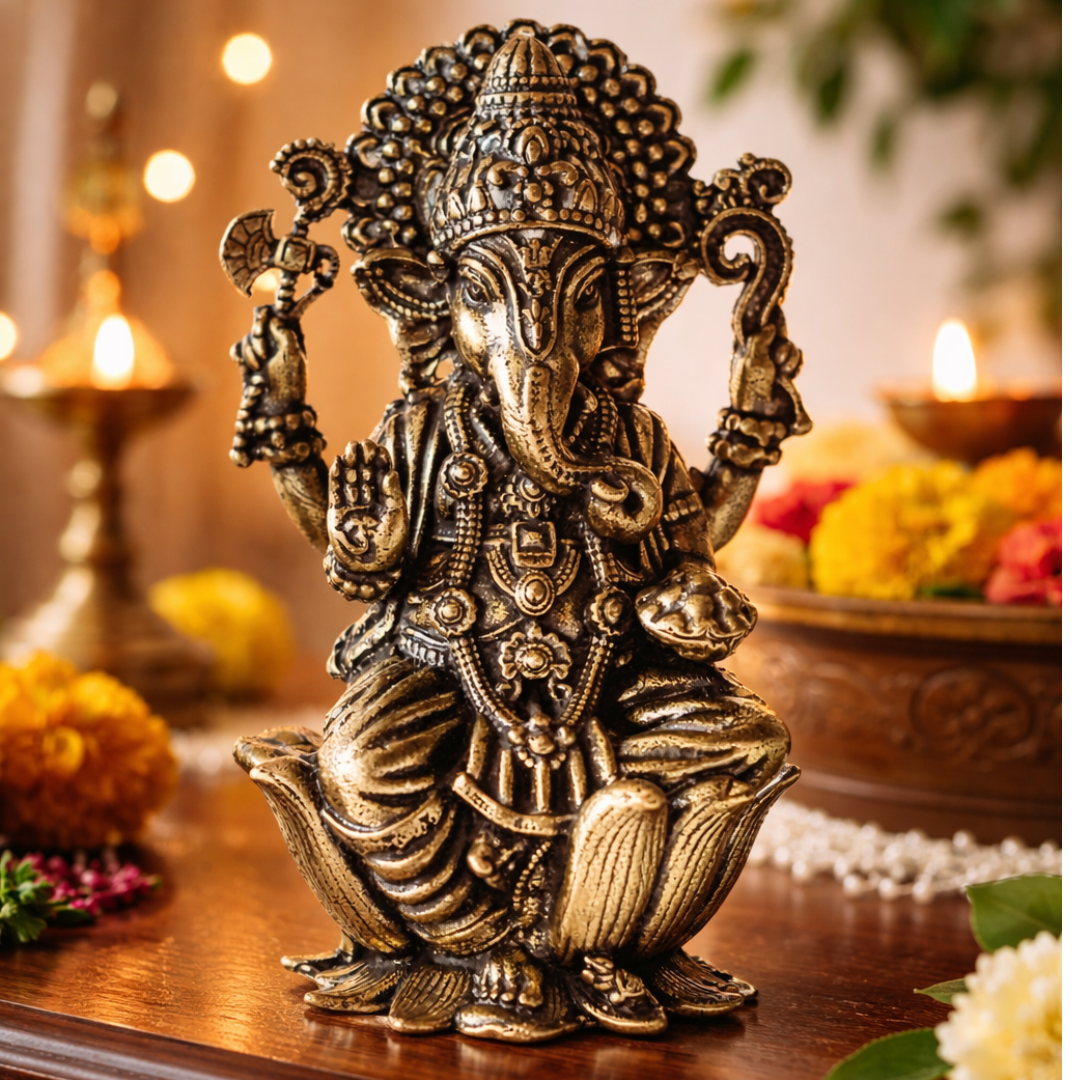 Brass Ganpati Idol | 6 Inch | Ganesha Murti Big Size | For Home Mandir |  Car Dashboard |