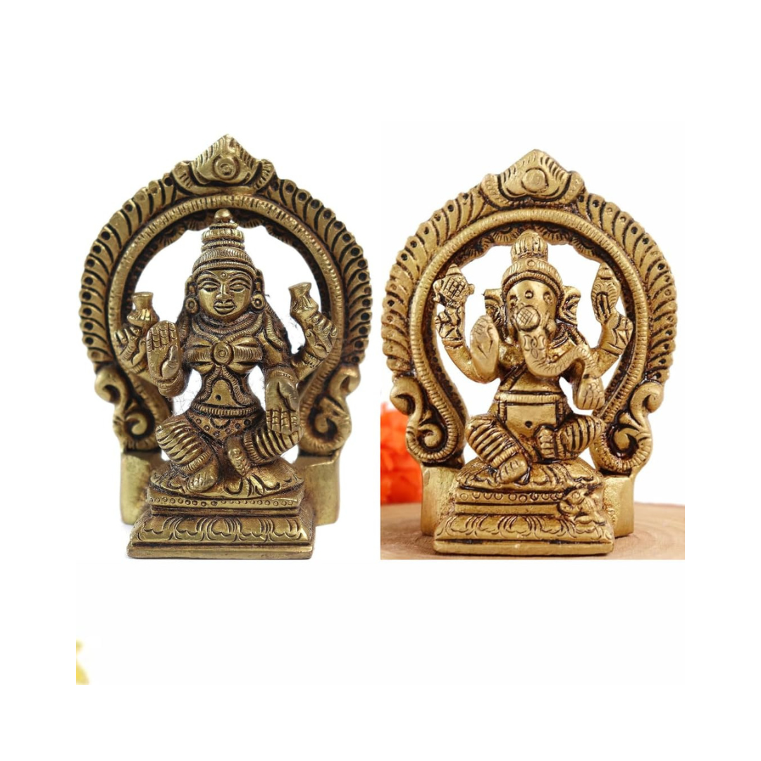 Brass Lakshmi Ganesh Idol - 3.5 Inch